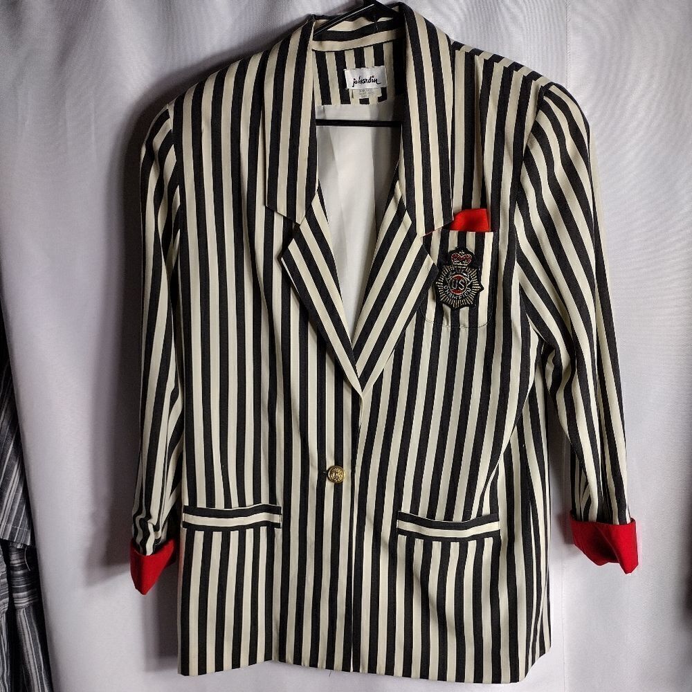 Striped Black & White Blazer with Red Accent